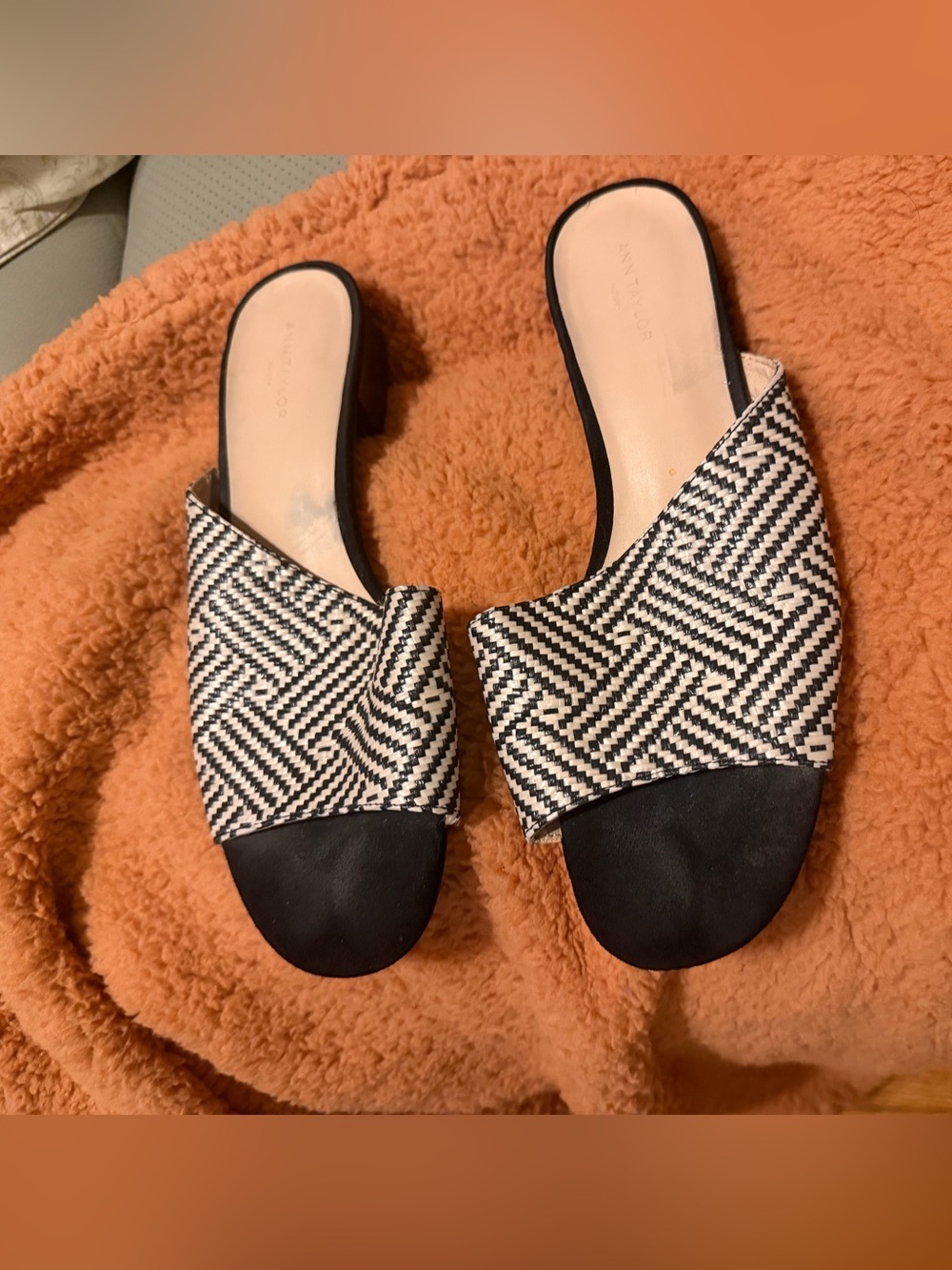 Ann Taylor Black and Cream Woven Slide Mules
